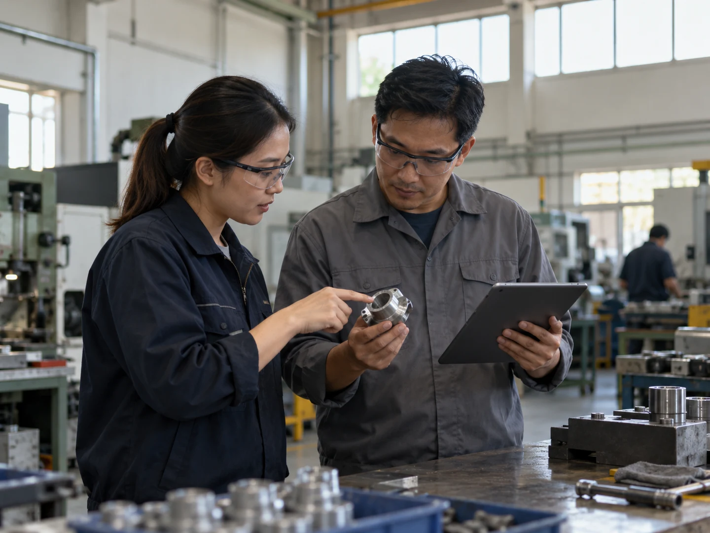 AI-generated illustration of a supervisor and engineer examining a physical part together; not actual REKA staff, a named client or an inspection result.