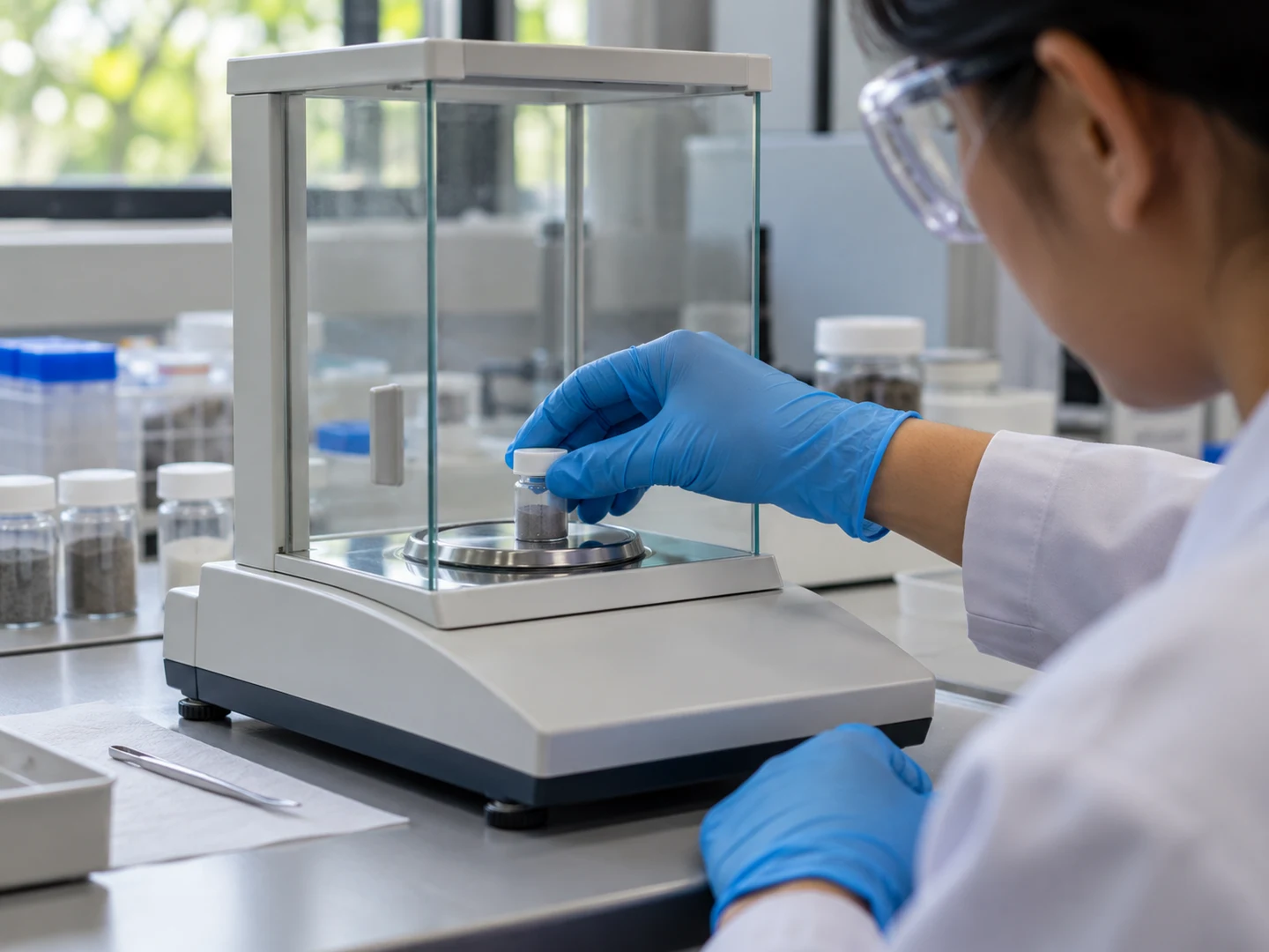 AI-generated illustration of a gloved researcher weighing a sealed material sample; this is not an actual REKA experiment or result.