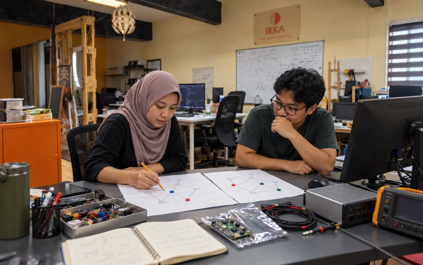 AI-generated illustration grounded in photographs of REKA’s main hall. Fictional researchers compare two formulations of the same route problem using classical computing; not a published benchmark or quantum-hardware claim.