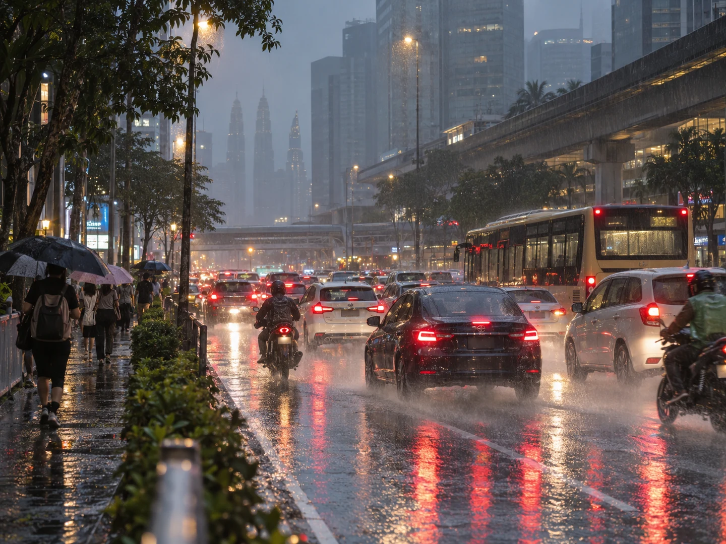 AI-generated illustration of dense urban traffic in heavy tropical rain, showing difficult autonomous-driving conditions; not an actual REKA test route.