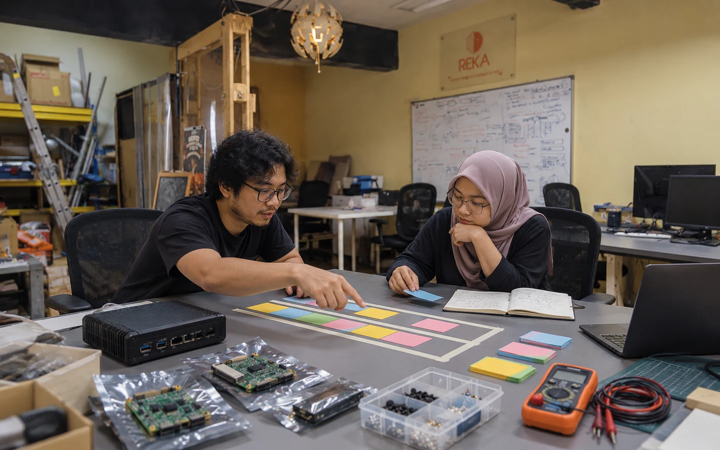 AI-generated illustration grounded in photographs of REKA’s main hall. Fictional researchers arrange blank job cards into a physical scheduling model beside protected prototype hardware; not an actual client session or result.