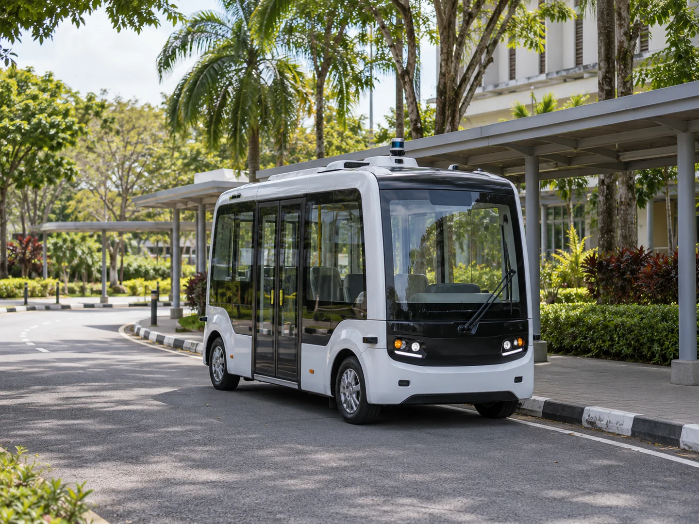 AI-generated illustration of a small autonomous shuttle on a bounded campus route; not a verified REKA deployment or evidence of driverless operation.