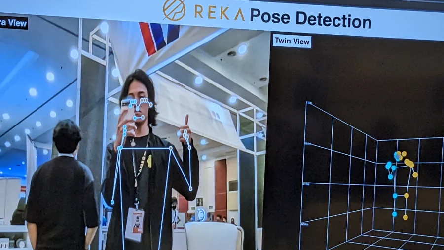 REKA archive photograph. A real REKA pose-detection demonstration image from the Malaysia Autoshow 2023 article, not engineers preparing a vehicle in a workshop.