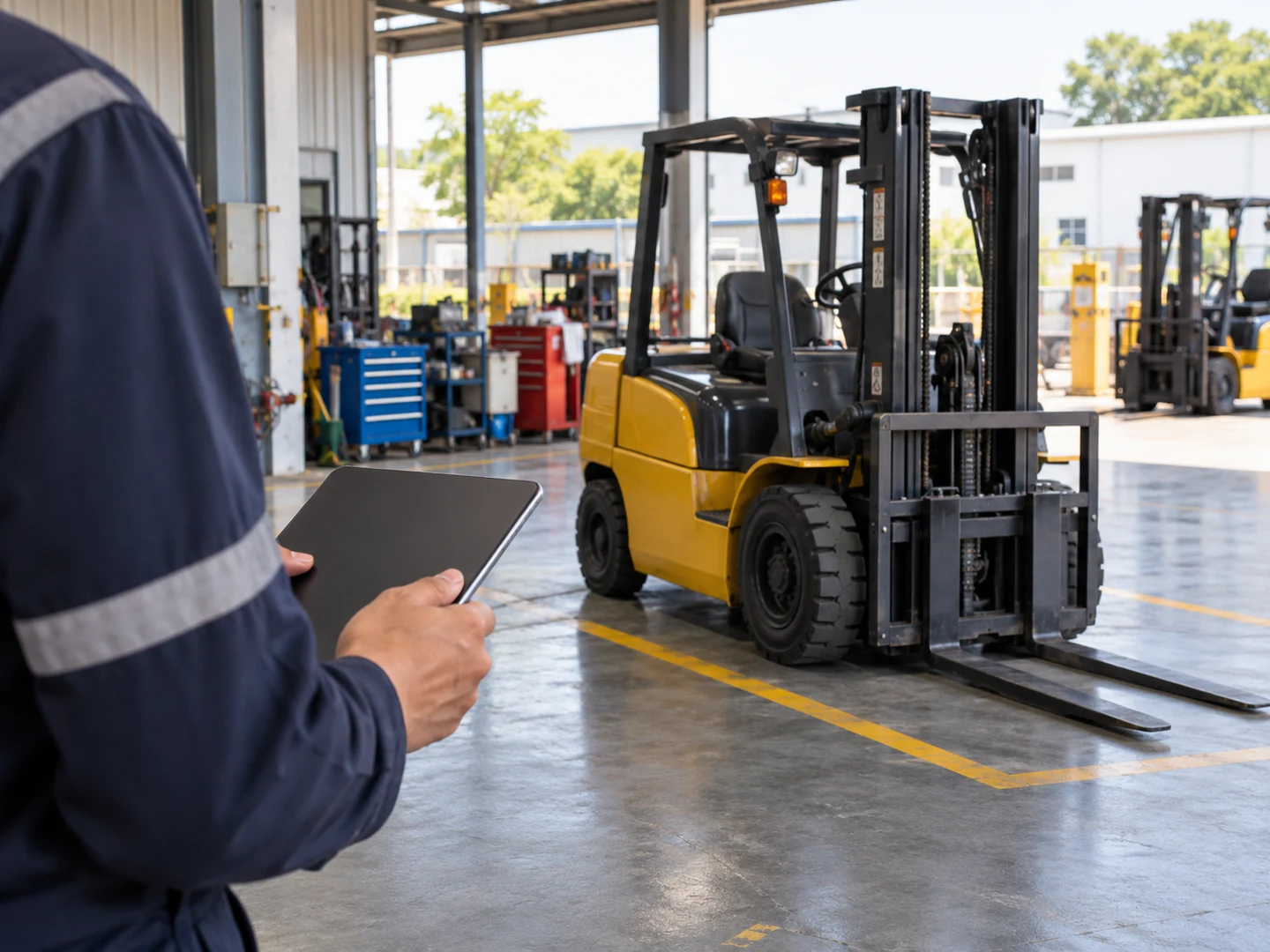 AI-generated illustration. Create ONE photorealistic editorial photograph for a website image mock, landscape 4:3 composition, no collage. Topic: a Malaysian material-handling business digitising FORKLIFT SERVICES AND SALES. Show only ordinary warehouse counterbalance forklifts, not excavators, wheel loaders, cranes or construction equipment. Practical clean modest industrial setting, neutral daylight, natural realistic materials, no company branding, no readable text, no identifiable real people, no client marks, no watermarks or image captions. If a device screen is visible it must be turned away or softly out of focus; do NOT invent an app UI, customer data or charts. This is a fictional illustrative scene, not a photograph of actual UMW equipment, facilities or staff. Foreground detail of the hands of an anonymous service coordinator holding an unbranded tablet at waist height, photographed from the BACK of the tablet so no interface or screen content is visible. Midground is a full-sized ordinary yellow counterbalance forklift parked safely with forks lowered on a marked bay in a clean service depot. Focus connects the tablet with forklift servicing and sales operations. Human face out of frame, no printed documents or visible data. Distinct viewpoint from a workshop hero. Illustrative photograph, not actual UMW premises, staff, equipment or an interface screenshot.