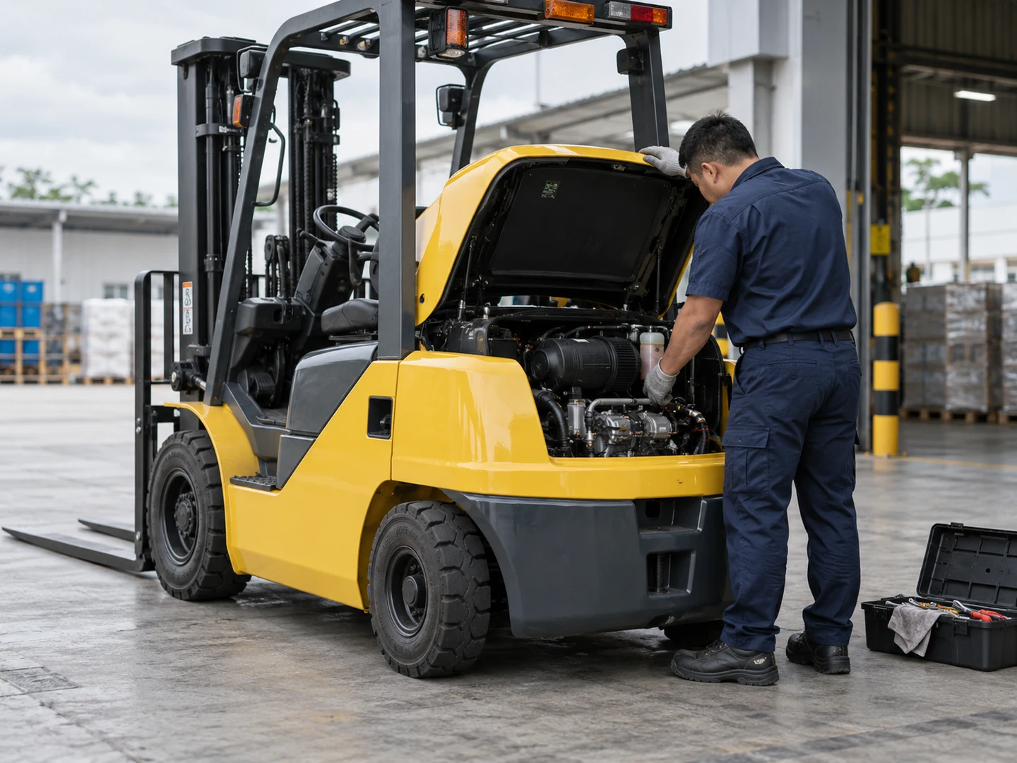 AI-generated illustration. Create ONE photorealistic editorial photograph for a website image mock, landscape 4:3 composition, no collage. Topic: a Malaysian material-handling business digitising FORKLIFT SERVICES AND SALES. Show only ordinary warehouse counterbalance forklifts, not excavators, wheel loaders, cranes or construction equipment. Practical clean modest industrial setting, neutral daylight, natural realistic materials, no company branding, no readable text, no identifiable real people, no client marks, no watermarks or image captions. If a device screen is visible it must be turned away or softly out of focus; do NOT invent an app UI, customer data or charts. This is a fictional illustrative scene, not a photograph of actual UMW equipment, facilities or staff. Medium close side view of an ordinary yellow counterbalance forklift's rear service compartment being inspected at a warehouse loading area. One fictional Malaysian technician wearing plain navy workwear, safety shoes and protective gloves stands safely alongside the compartment, hand resting on the edge, an open modest tool case nearby. Forks fully lowered and vehicle stationary, no person under raised equipment. Clearly a forklift maintenance visit, not earth-moving or construction machinery. Natural overcast daylight. Illustrative photograph, not actual UMW premises, staff, equipment or an interface screenshot.