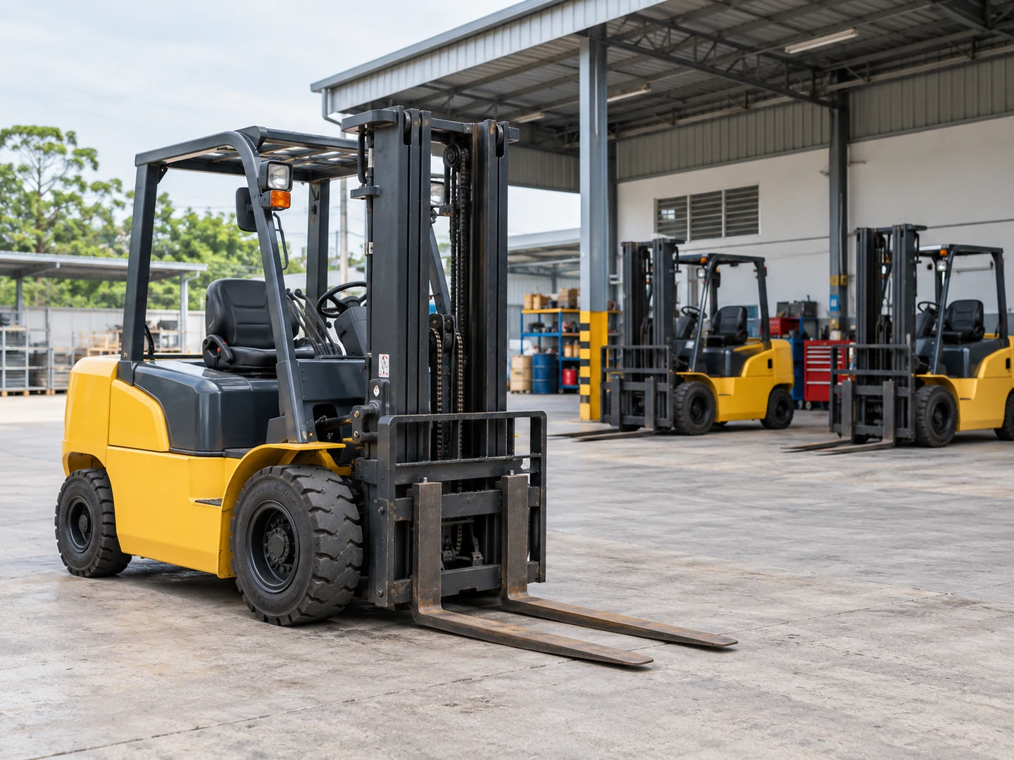 AI-generated illustration. Create ONE photorealistic editorial photograph for a website image mock, landscape 4:3 composition, no collage. Topic: a Malaysian material-handling business digitising FORKLIFT SERVICES AND SALES. Show only ordinary warehouse counterbalance forklifts, not excavators, wheel loaders, cranes or construction equipment. Practical clean modest industrial setting, neutral daylight, natural realistic materials, no company branding, no readable text, no identifiable real people, no client marks, no watermarks or image captions. If a device screen is visible it must be turned away or softly out of focus; do NOT invent an app UI, customer data or charts. This is a fictional illustrative scene, not a photograph of actual UMW equipment, facilities or staff. Wide photograph of three well-maintained unbranded yellow counterbalance forklifts arranged in a modest forklift sales-and-service depot, forks lowered and vehicles unoccupied, realistic mast proportions and overhead guards, no toy-like machines. One forklift in the foreground, the others receding beside a simple covered service bay. Clear ordinary commercial material-handling setting, not a port tractor yard or excavator workshop. Bright diffused daylight, calm professional look, full vehicles visible with generous breathing room. Illustrative photograph, not actual UMW premises, staff, equipment or an interface screenshot.