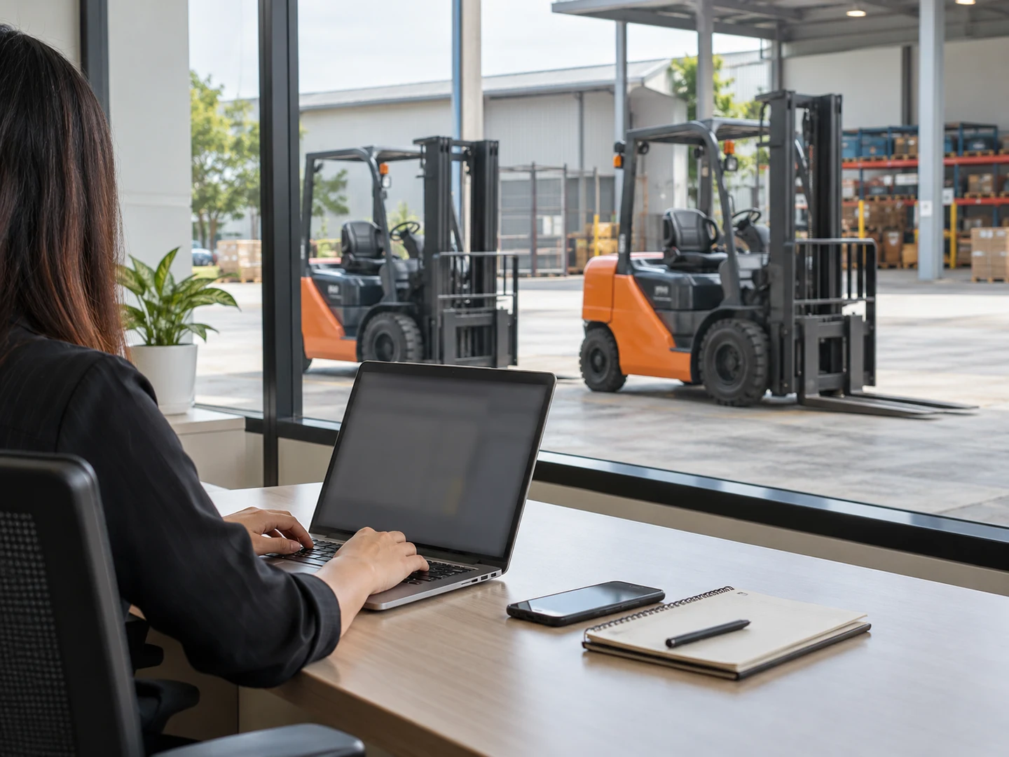 AI-generated illustration. Create ONE photorealistic editorial photograph for a website image mock, landscape 4:3 composition, no collage. Topic: a Malaysian material-handling business digitising FORKLIFT SERVICES AND SALES. Show only ordinary warehouse counterbalance forklifts, not excavators, wheel loaders, cranes or construction equipment. Practical clean modest industrial setting, neutral daylight, natural realistic materials, no company branding, no readable text, no identifiable real people, no client marks, no watermarks or image captions. If a device screen is visible it must be turned away or softly out of focus; do NOT invent an app UI, customer data or charts. This is a fictional illustrative scene, not a photograph of actual UMW equipment, facilities or staff. Candid side/back photograph of an anonymous forklift sales and service coordinator at a modest bright office desk overlooking a forklift depot through glass. Person's face outside the crop, hands near an unbranded laptop keyboard; the laptop display is seen almost edge-on and contains no readable UI. One plain phone and an unmarked notebook on the desk. Through glass two ordinary counterbalance forklifts parked safely, forks lowered. Emphasise digital sales coordination and service scheduling, not a meeting room, no closed-laptop still-life, no named customer materials. Illustrative photograph, not actual UMW premises, staff, equipment or an interface screenshot.