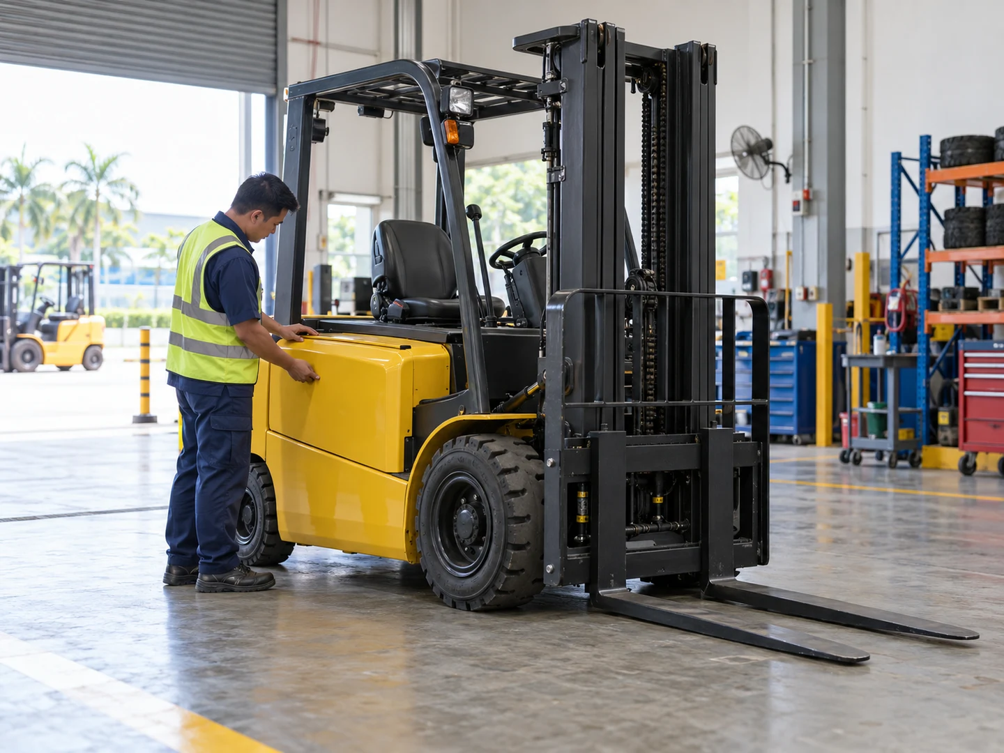 AI-generated illustration. Create ONE photorealistic editorial photograph for a website image mock, landscape 4:3 composition, no collage. Topic: a Malaysian material-handling business digitising FORKLIFT SERVICES AND SALES. Show only ordinary warehouse counterbalance forklifts, not excavators, wheel loaders, cranes or construction equipment. Practical clean modest industrial setting, neutral daylight, natural realistic materials, no company branding, no readable text, no identifiable real people, no client marks, no watermarks or image captions. If a device screen is visible it must be turned away or softly out of focus; do NOT invent an app UI, customer data or charts. This is a fictional illustrative scene, not a photograph of actual UMW equipment, facilities or staff. Wide three-quarter photograph of one unbranded yellow electric counterbalance forklift parked safely in a tidy forklift-service bay, complete forks lowered flat to the floor, mast and overhead guard fully visible with breathing room for both 4:3 and 16:9 website crops. A fictional Malaysian technician in navy coveralls, safety shoes and a plain safety vest stands alongside the vehicle, inspecting a closed side service panel, not underneath the forks. Soft daylight through a roller door, orderly small service workshop, no giant machinery, no visible paperwork. Illustrative photograph, not actual UMW premises, staff, equipment or an interface screenshot.