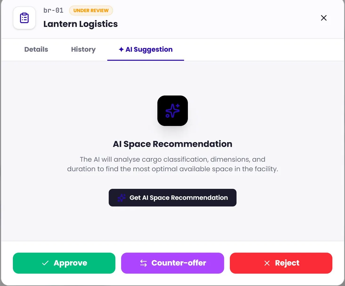 PLExyz Grid: a space recommendation for an incoming booking, with Approve, Counter-offer and Reject