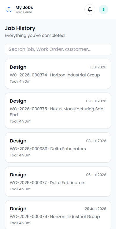 YARA worker app: job history with the time each job took