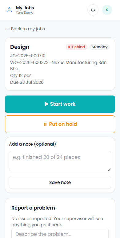 YARA worker app: a job card with Start work and Put on hold